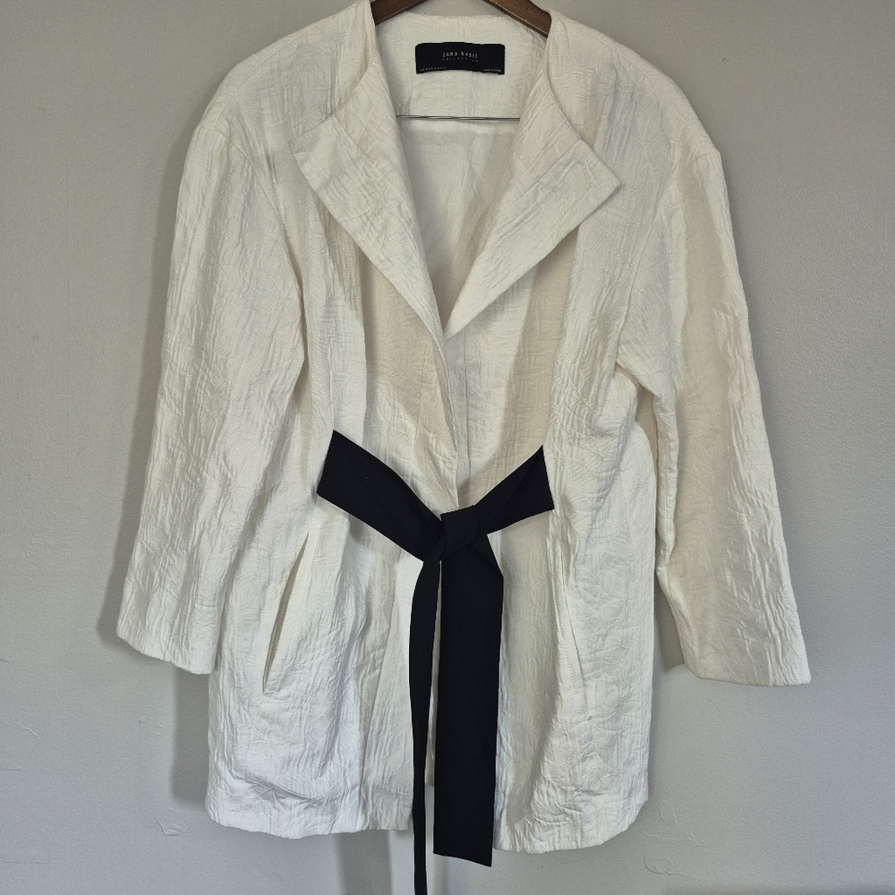 Zara Basics Collection White Textured Black Tie Spring Summer Jacket Medium - Picture 12 of 12